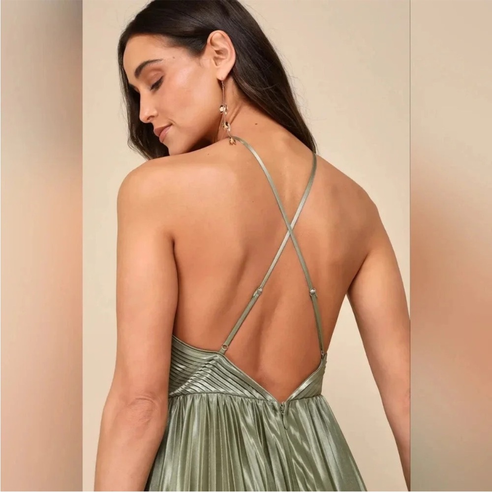 Lulus Elaborate Charm Olive Green Satin Pleated Backless Maxi Dress Sz-S - Picture 3 of 13